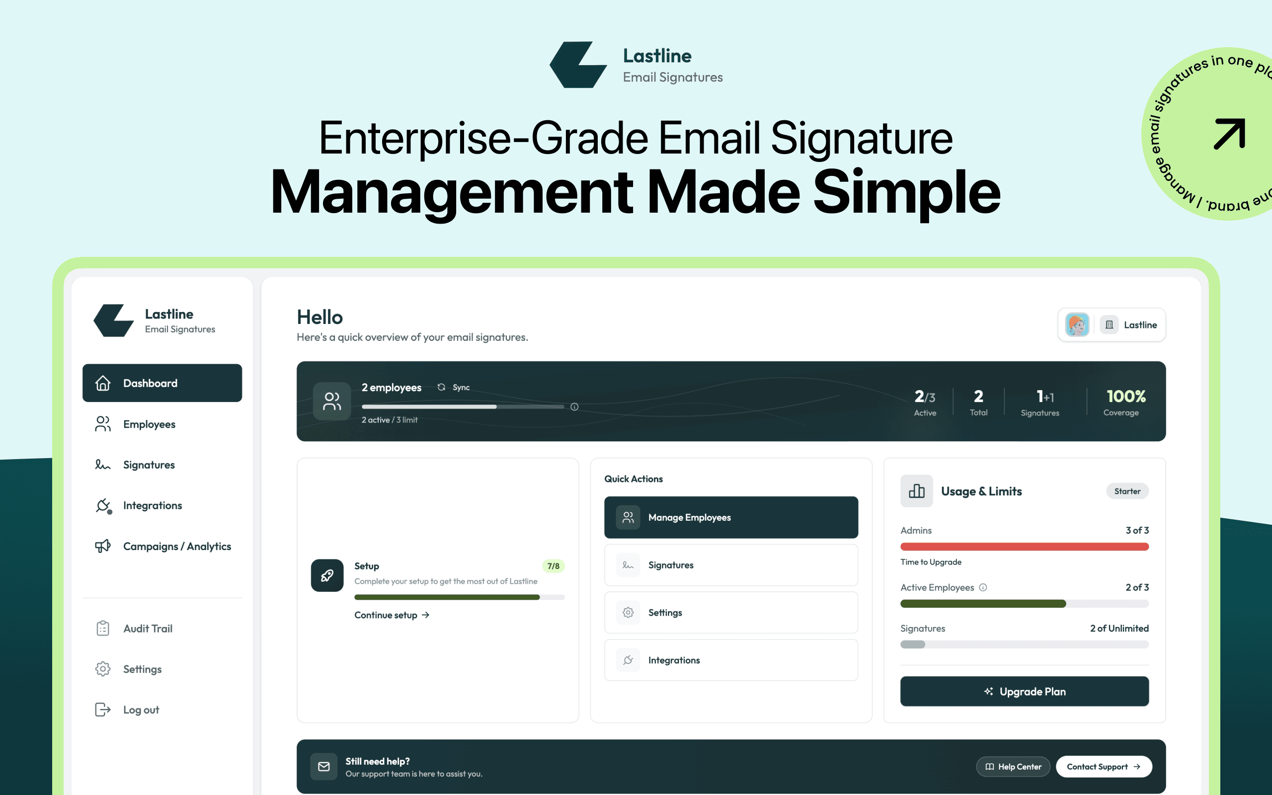Lastline dashboard showing team signature coverage, setup actions, and usage limits